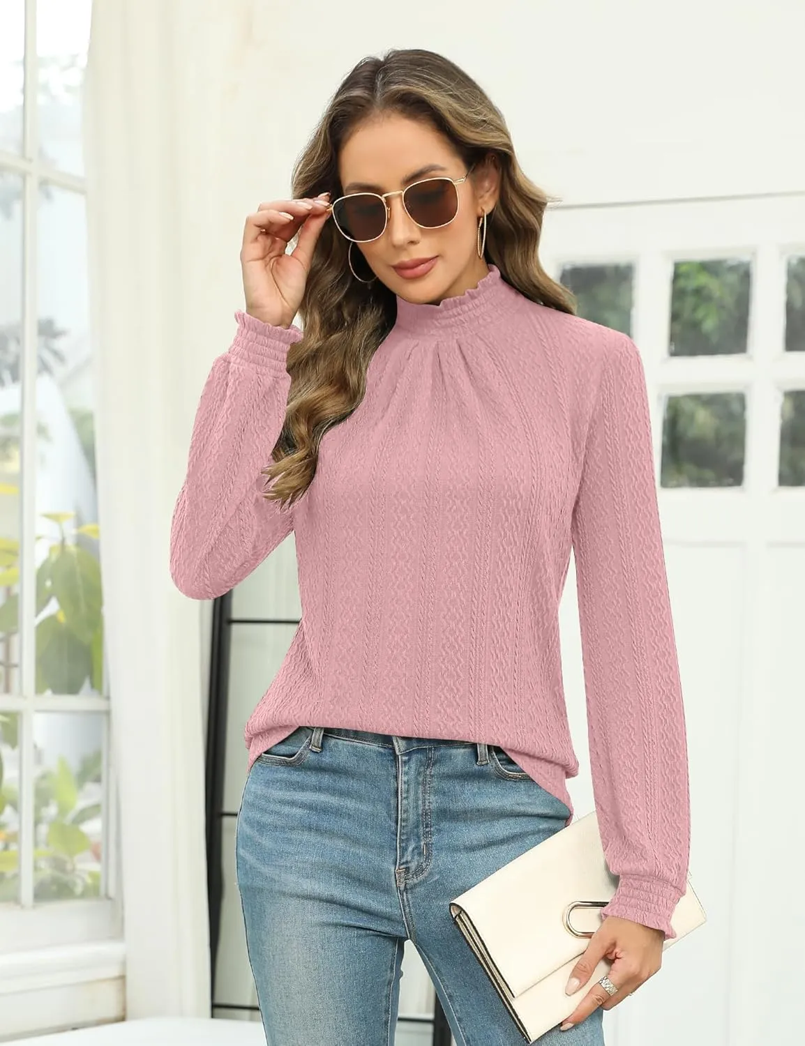Micoson Womens Mock Neck Blouses Pleated Textured Shirts Long Sleeve Stretch Casual Tunic Tops Dressy Fashion Blouse