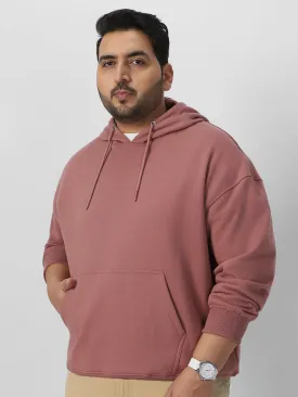 Plus Men's Old Rose Cotton Solid Oversized Hooded Neck Sweatshirt