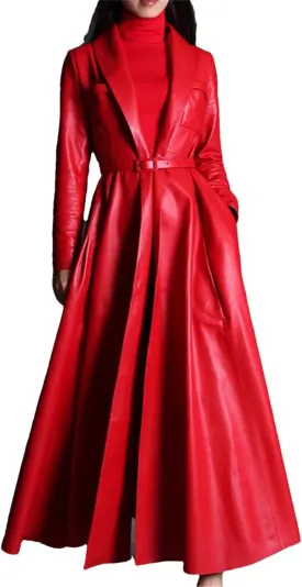 Pu Leather Trench Coat For Women Extra Long Skirted Elegant Overcoat
