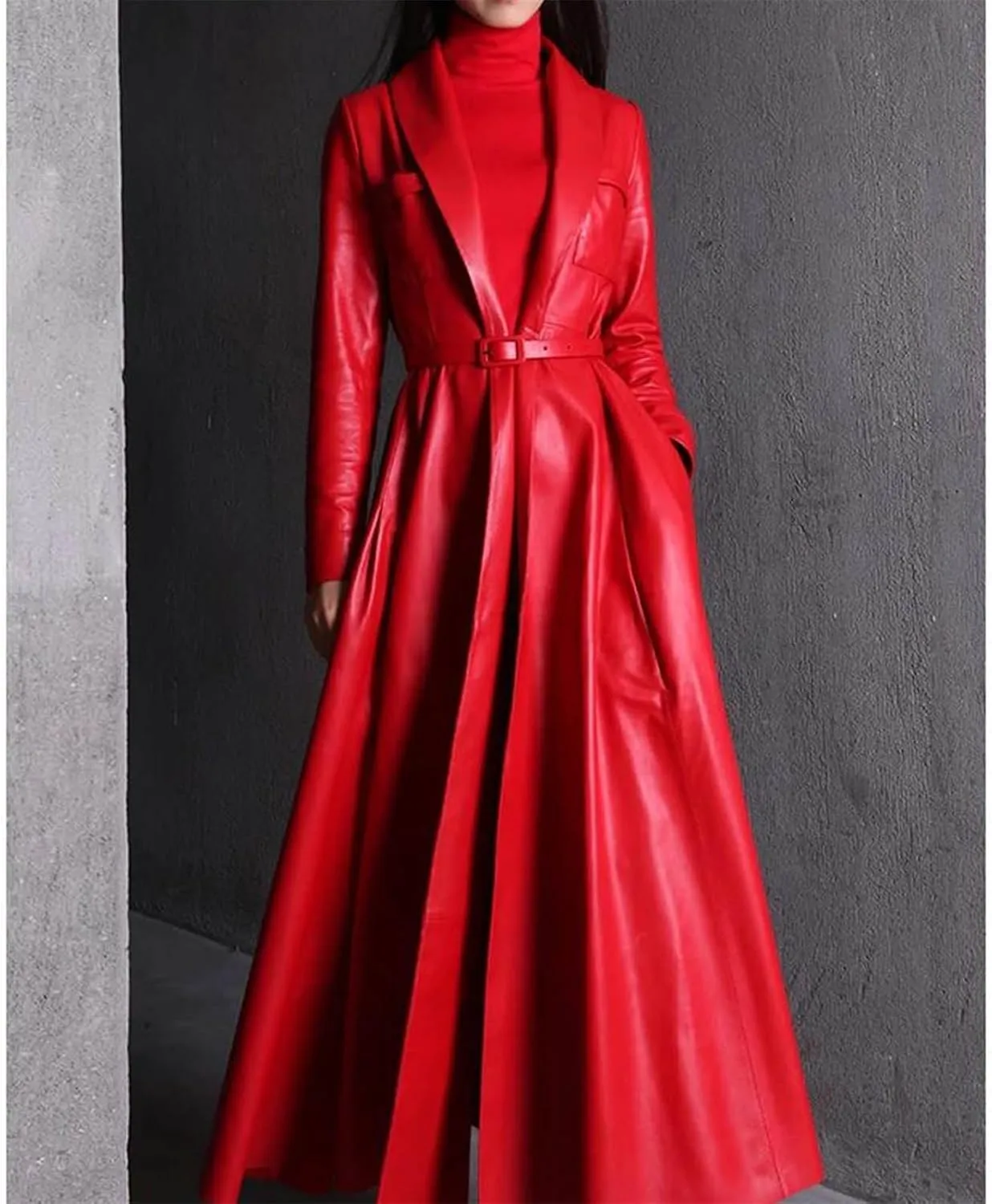Pu Leather Trench Coat For Women Extra Long Skirted Elegant Overcoat