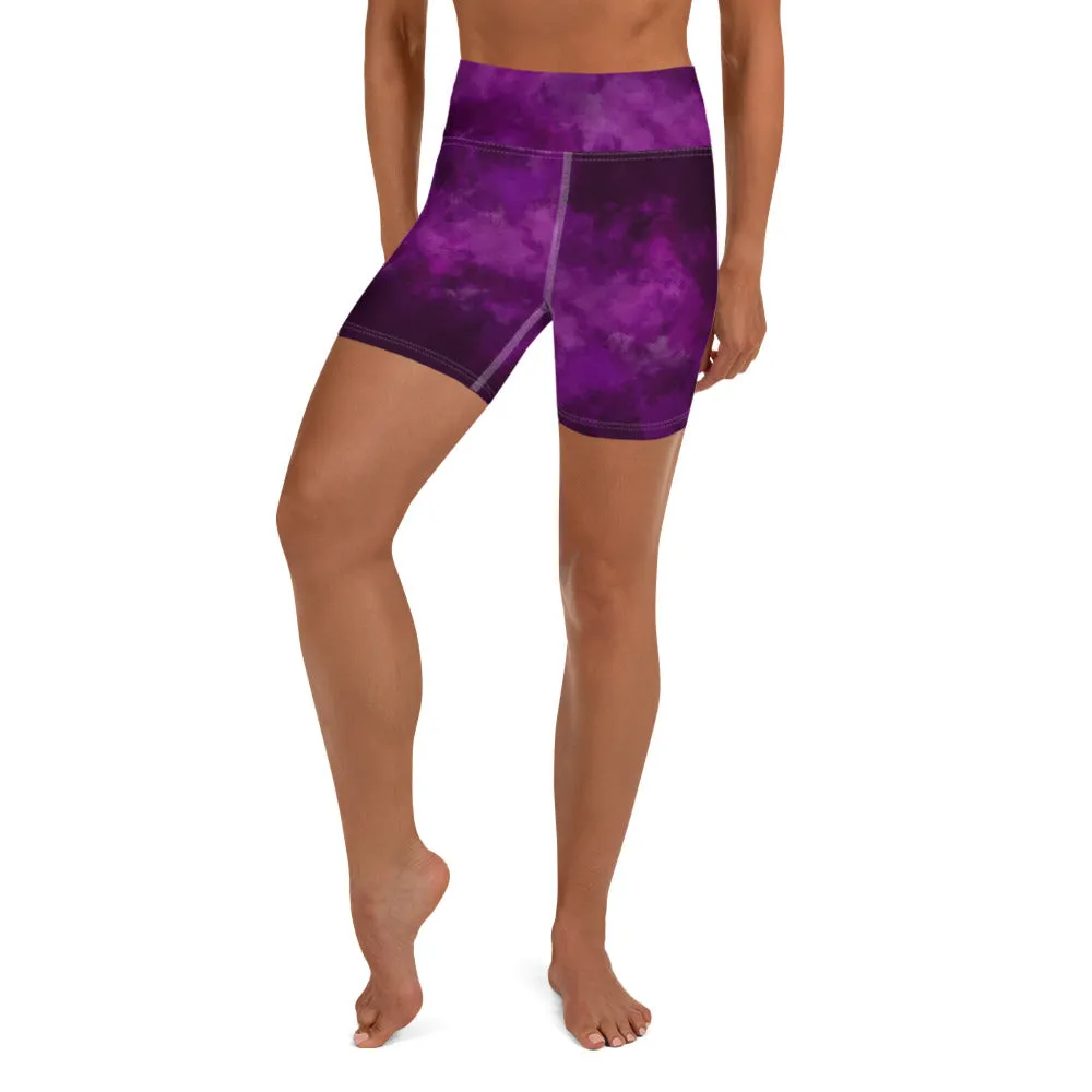 Purple Abstract Yoga Shorts, Tie Dye Designer Women's Short Elastic Tights-Made in USA/EU