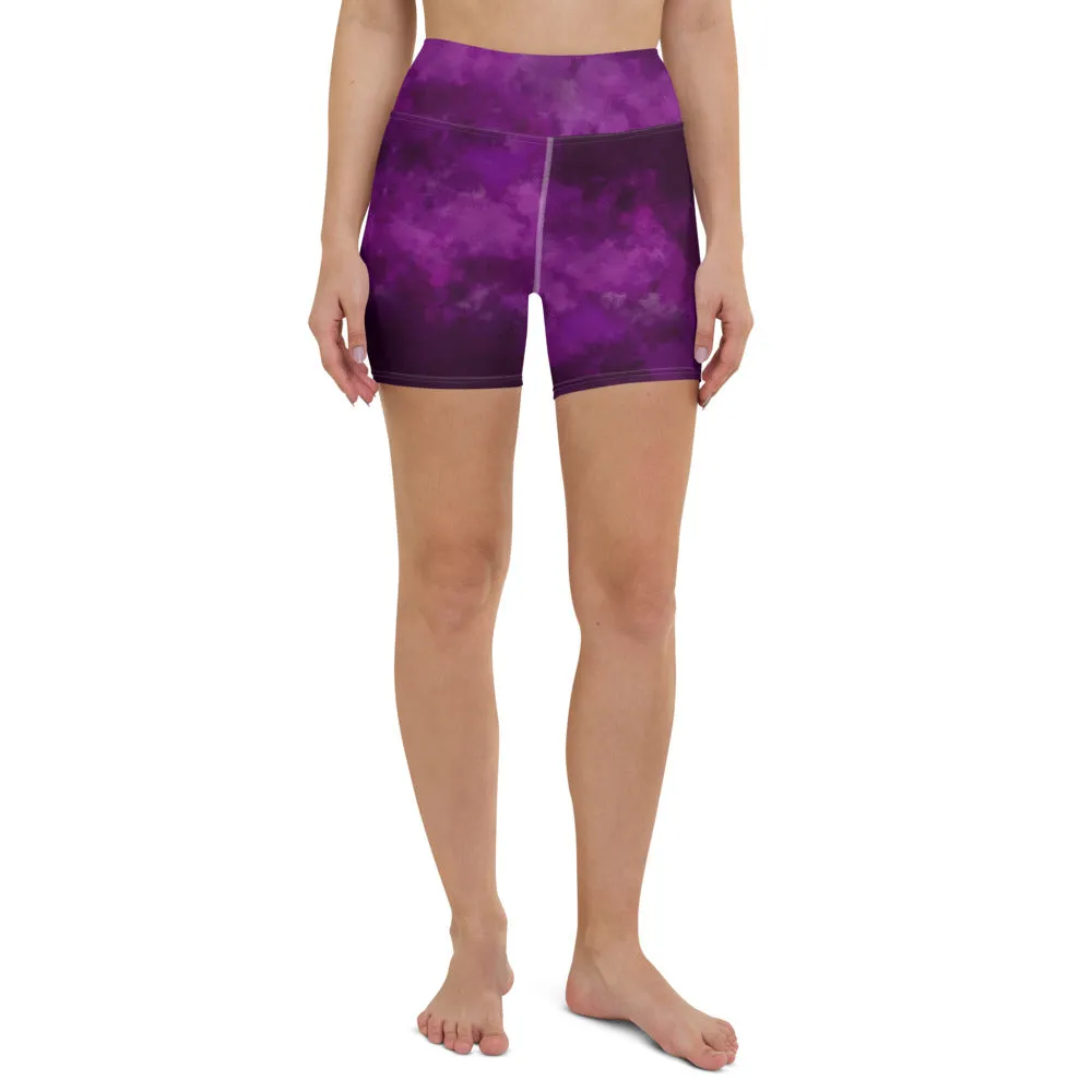 Purple Abstract Yoga Shorts, Tie Dye Designer Women's Short Elastic Tights-Made in USA/EU