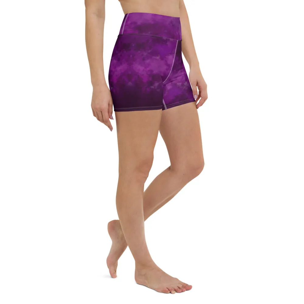 Purple Abstract Yoga Shorts, Tie Dye Designer Women's Short Elastic Tights-Made in USA/EU