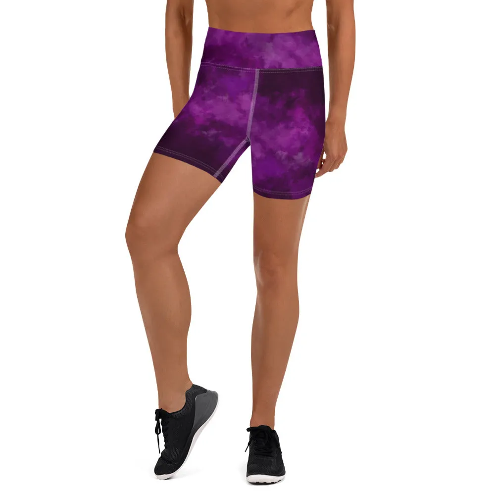 Purple Abstract Yoga Shorts, Tie Dye Designer Women's Short Elastic Tights-Made in USA/EU