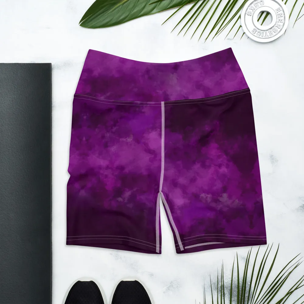 Purple Abstract Yoga Shorts, Tie Dye Designer Women's Short Elastic Tights-Made in USA/EU