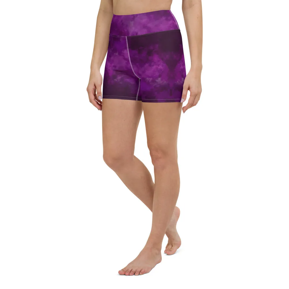 Purple Abstract Yoga Shorts, Tie Dye Designer Women's Short Elastic Tights-Made in USA/EU