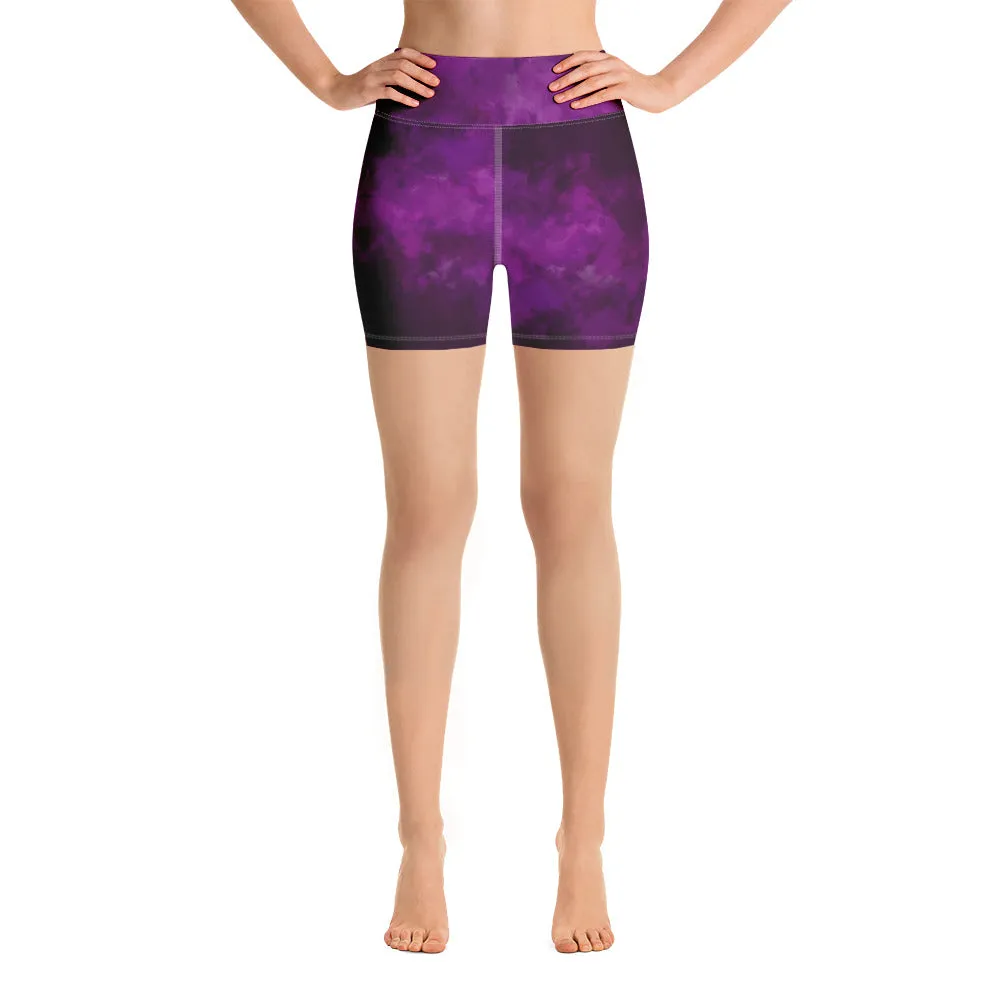 Purple Abstract Yoga Shorts, Tie Dye Designer Women's Short Elastic Tights-Made in USA/EU
