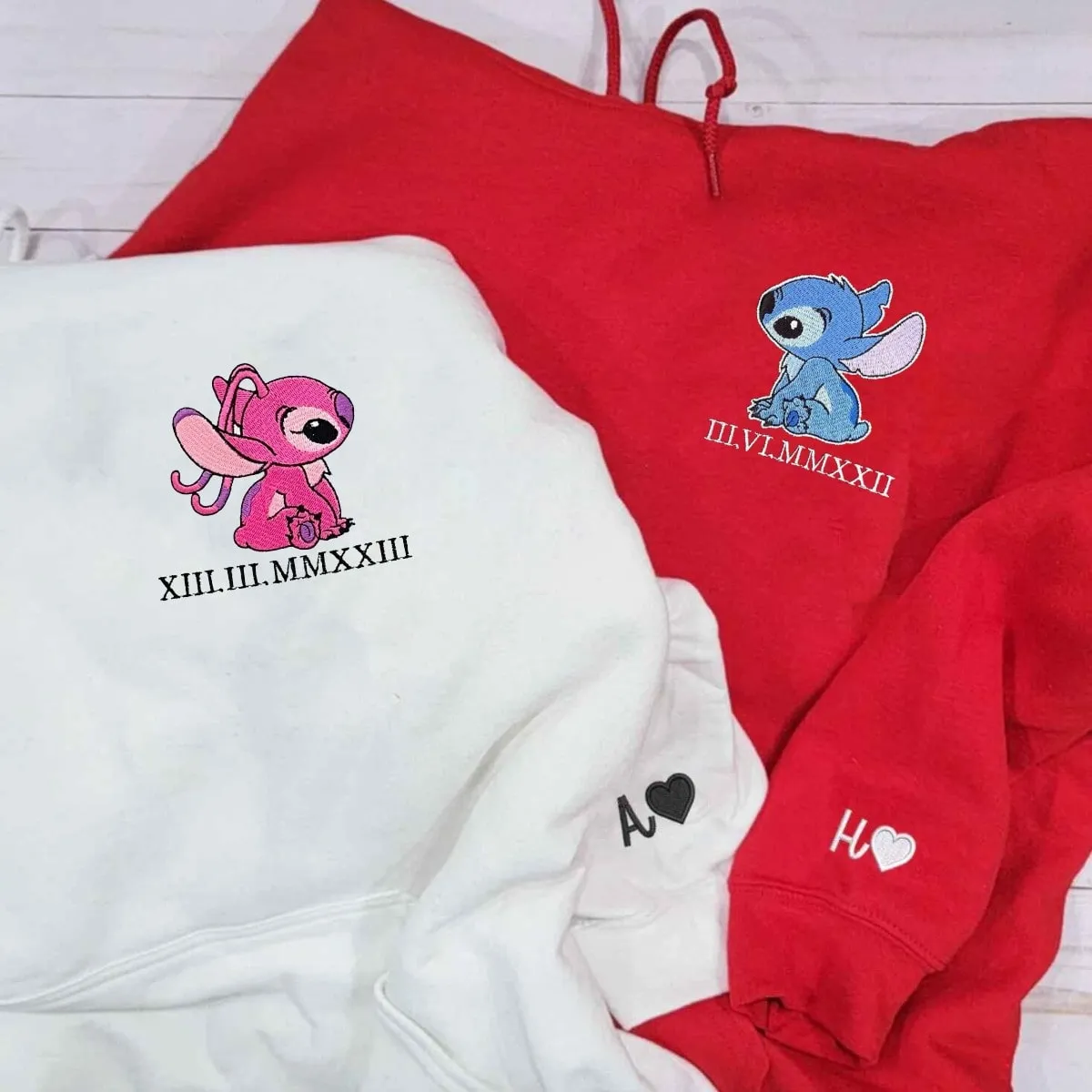 "Stitch Couples Roman Numeral Date" Matching Couple Sweatshirts - Personalized Embroidered Sweatshirts For Couples