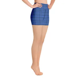 Royal Blue Plaid Yoga Shorts, Preppy Tartan Print Women's Gym Short Tights-Made in USA/EU/MX