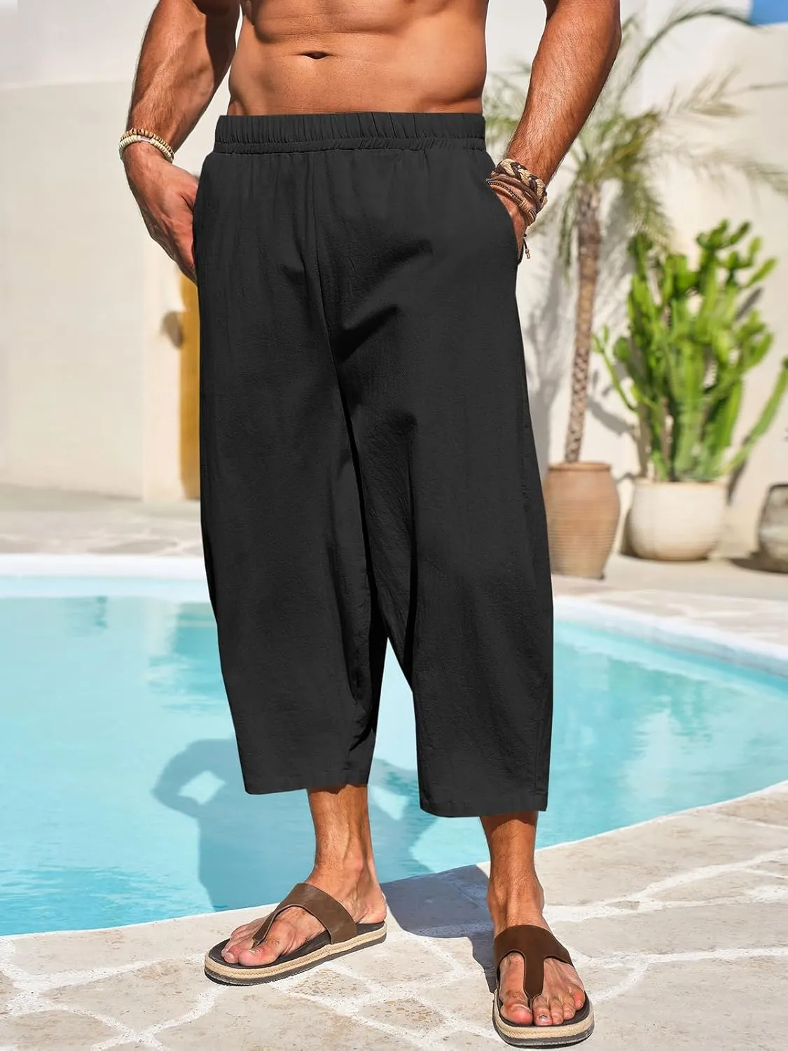 Runcati Mens Cotton Harem Capri Pants Yoga Beach Baggy 3/4 Shorts Pants Casual Elastic Waist Hippie Boho Pants