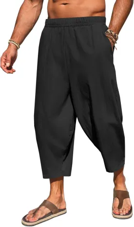 Runcati Mens Cotton Harem Capri Pants Yoga Beach Baggy 3/4 Shorts Pants Casual Elastic Waist Hippie Boho Pants