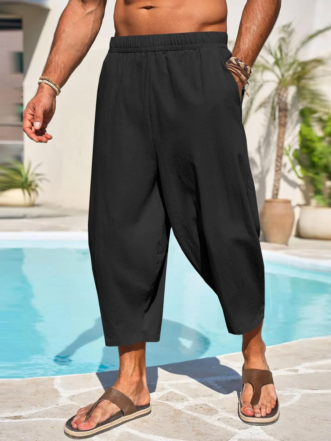 Runcati Mens Cotton Harem Capri Pants Yoga Beach Baggy 3/4 Shorts Pants Casual Elastic Waist Hippie Boho Pants