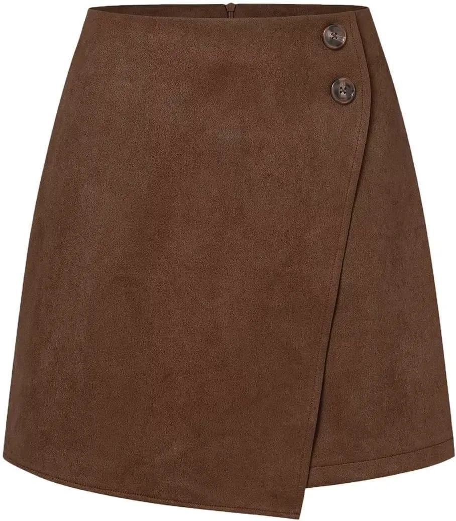 Sheface Women's Faux Suede Irregular Hem Skirt Solid High Waist Zipper A-Line Mini Bodycon Skirt