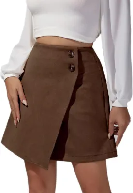 Sheface Women's Faux Suede Irregular Hem Skirt Solid High Waist Zipper A-Line Mini Bodycon Skirt