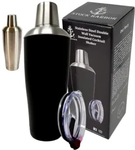 Stock Harbor Stainless Steel 30 Ounce (887 Milliliter) Double Wall Cocktail Shaker Vacuum Insulated Tumbler and Shaker Top; Powder Coated Black