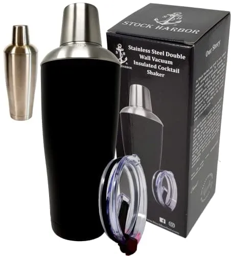 Stock Harbor Stainless Steel 30 Ounce (887 Milliliter) Double Wall Cocktail Shaker Vacuum Insulated Tumbler and Shaker Top; Powder Coated Black