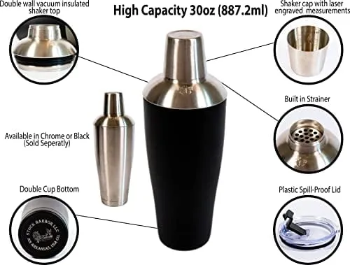 Stock Harbor Stainless Steel 30 Ounce (887 Milliliter) Double Wall Cocktail Shaker Vacuum Insulated Tumbler and Shaker Top; Powder Coated Black