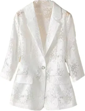 Thin Lace Suit Jacket Women's Outwear Hollow Three-Quarter Sleeves Fashion Blazer