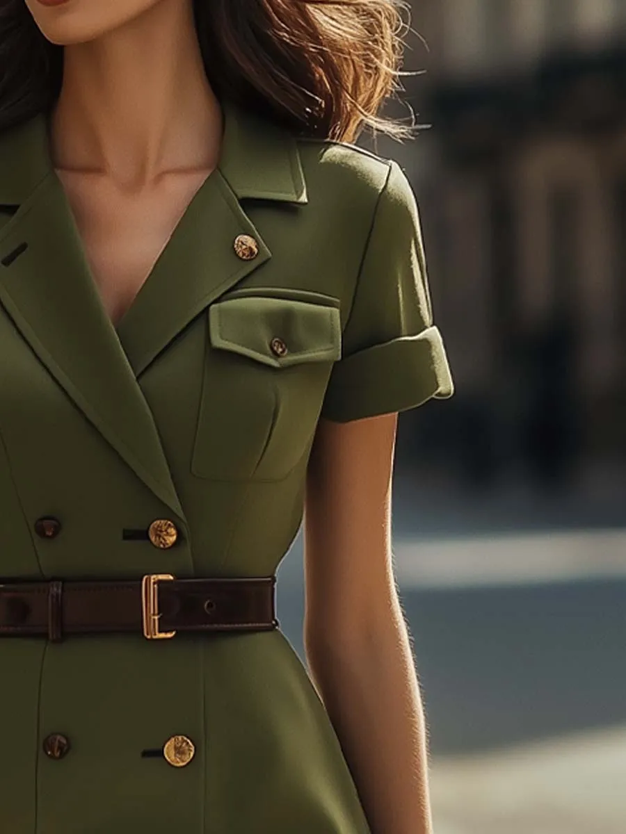 Vintage Short-Sleeve Blazer Midi Dress