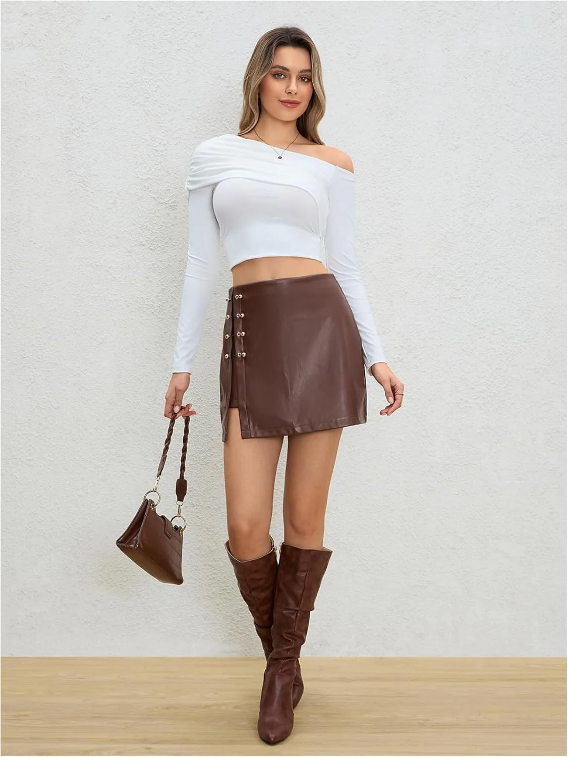 WDIRARA Women's Side Slit Metallic Trim High Waisted Faux Leather Short Skirts