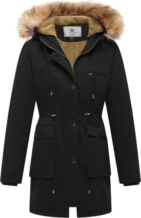WenVen Women's Winter Thicken Fleece Jacket Fur Hooded Military Parka Coat