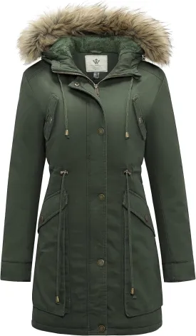 WenVen Women's Winter Thicken Fleece Jacket Fur Hooded Military Parka Coat