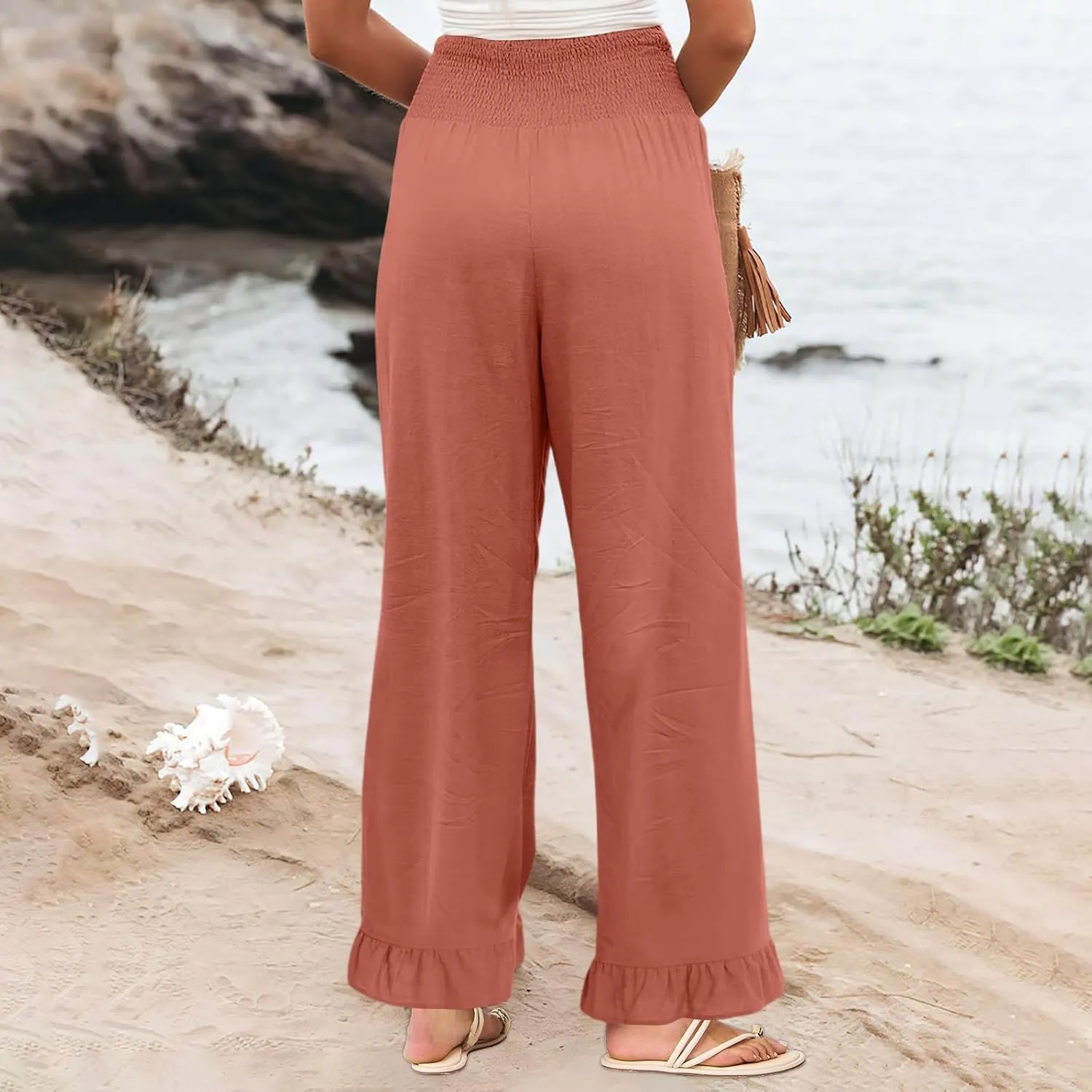 Wide Leg Linen Pants Women Smocked High Waisted Palazzo Pants Lightweight Baggy Boho Beach Lounge Trousers w/Pockets
