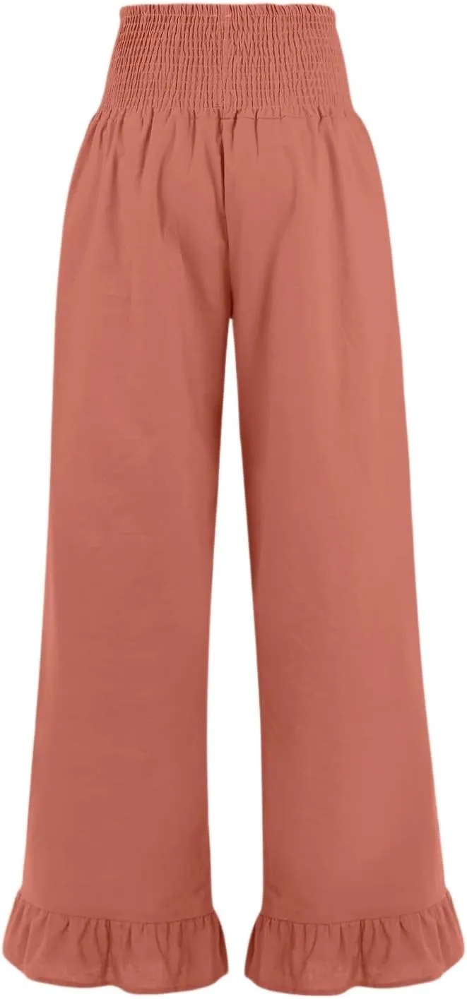 Wide Leg Linen Pants Women Smocked High Waisted Palazzo Pants Lightweight Baggy Boho Beach Lounge Trousers w/Pockets