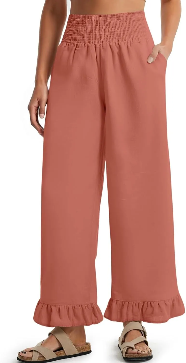 Wide Leg Linen Pants Women Smocked High Waisted Palazzo Pants Lightweight Baggy Boho Beach Lounge Trousers w/Pockets