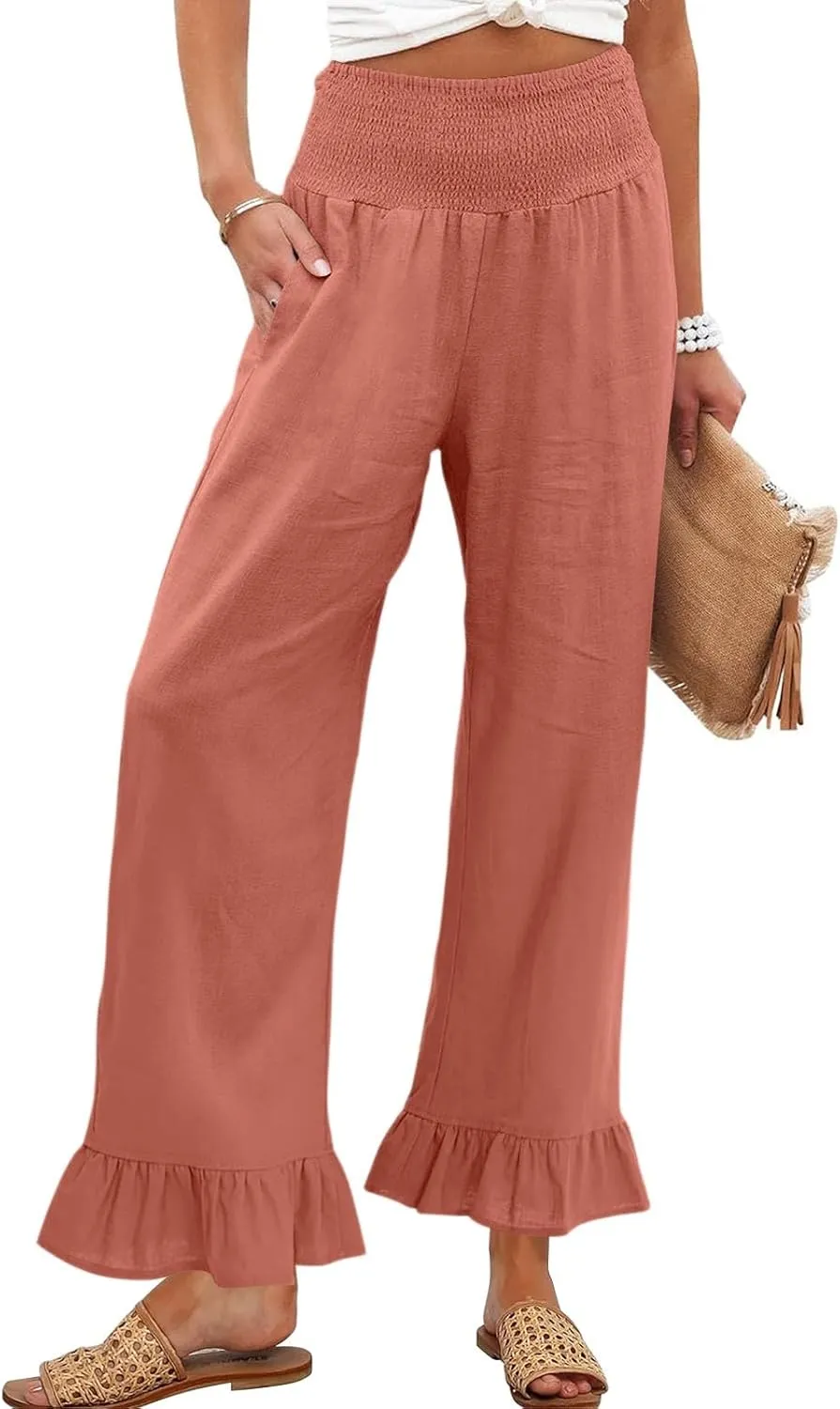 Wide Leg Linen Pants Women Smocked High Waisted Palazzo Pants Lightweight Baggy Boho Beach Lounge Trousers w/Pockets