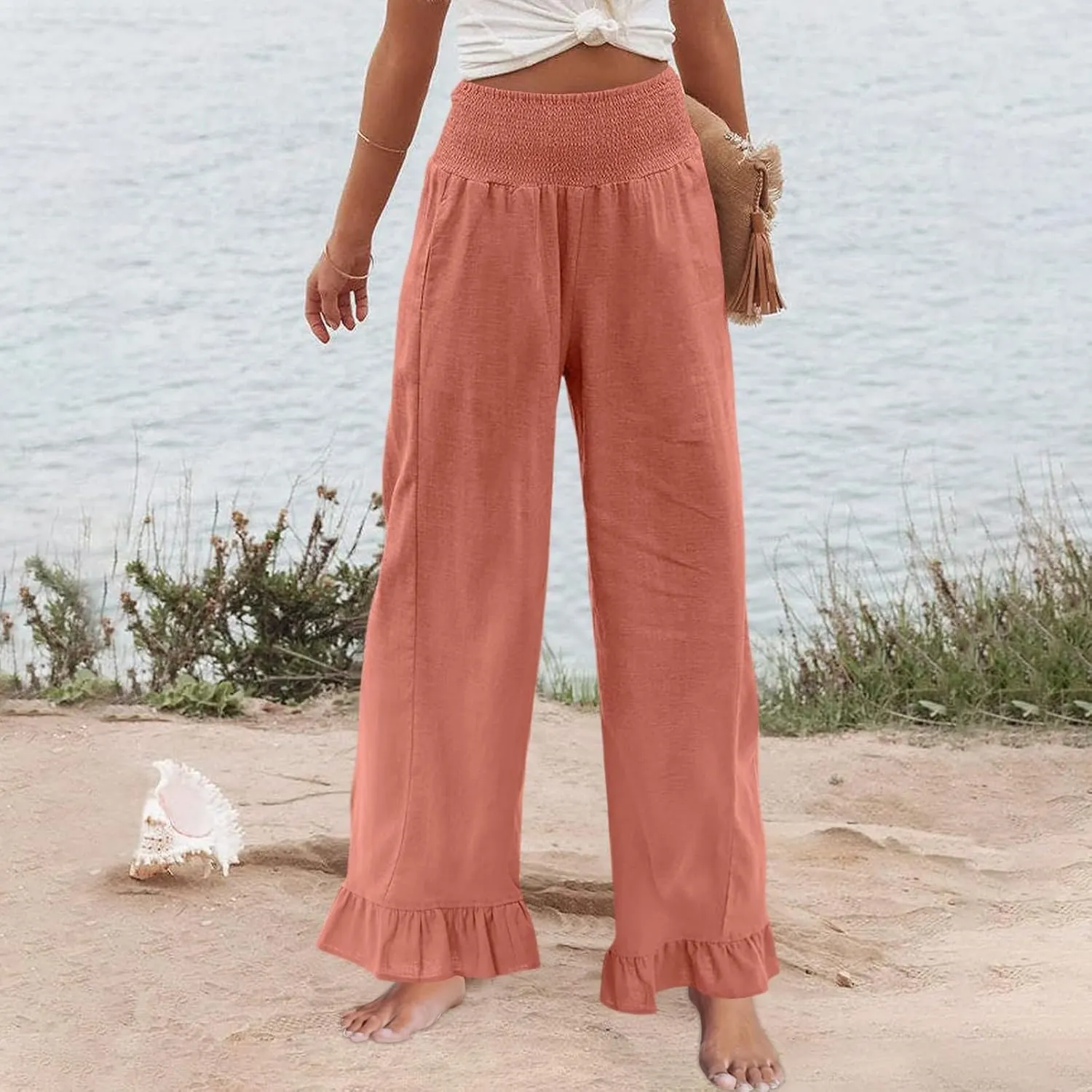 Wide Leg Linen Pants Women Smocked High Waisted Palazzo Pants Lightweight Baggy Boho Beach Lounge Trousers w/Pockets