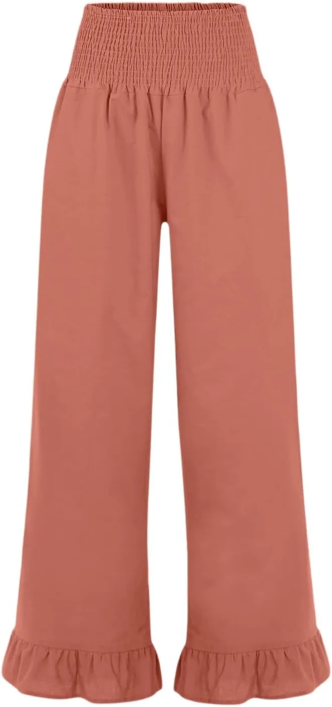 Wide Leg Linen Pants Women Smocked High Waisted Palazzo Pants Lightweight Baggy Boho Beach Lounge Trousers w/Pockets
