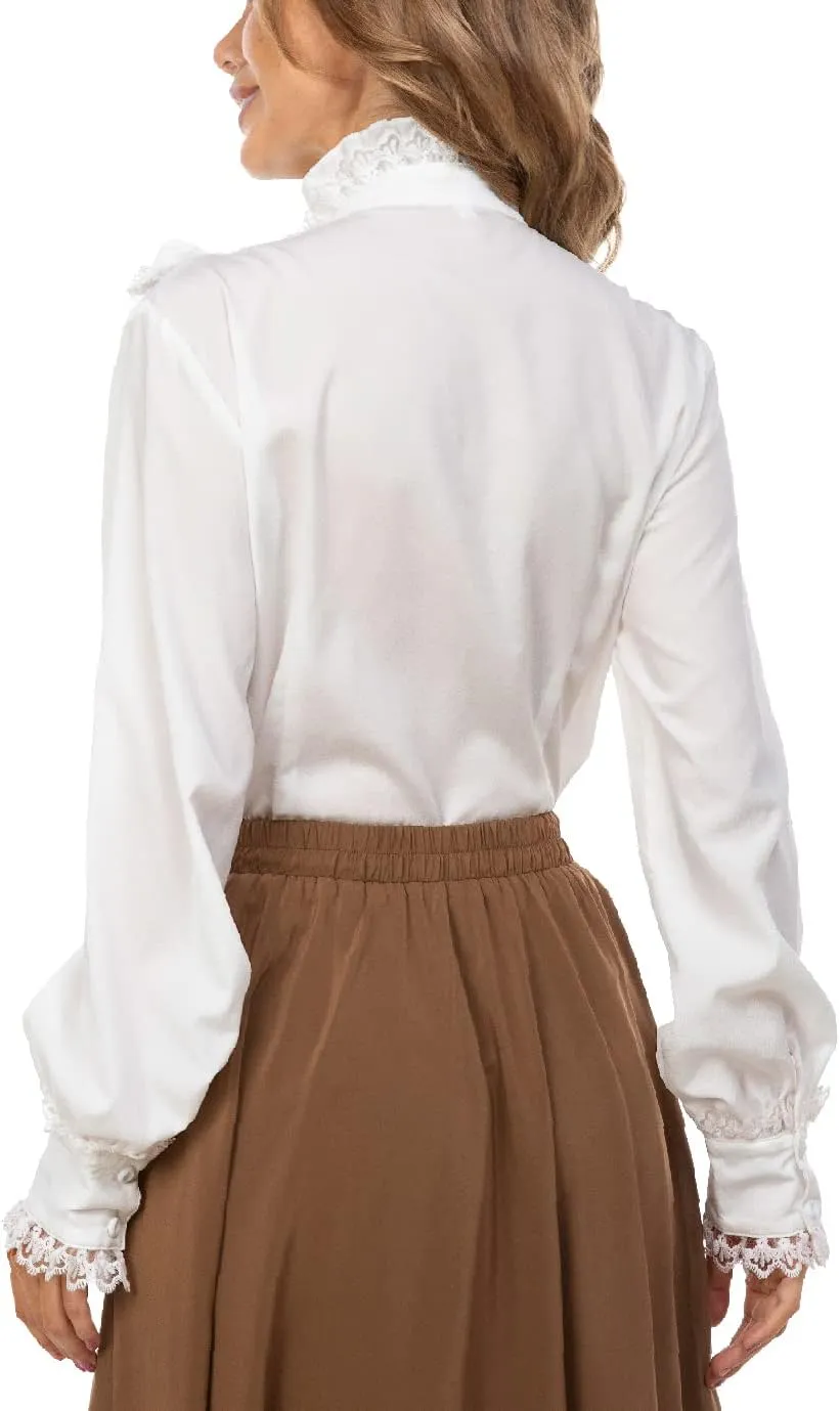 Women Victorian Blouse Long Sleeve Shirts Stand Collar Lotus Ruffled Medieval Gothic Tops