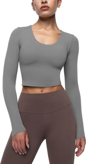Womens Long Sleeve Shirts Workout Crop Tops Yoga Tee Built in Bra Mild Support Cream Feeling Athletic Top U-Neck