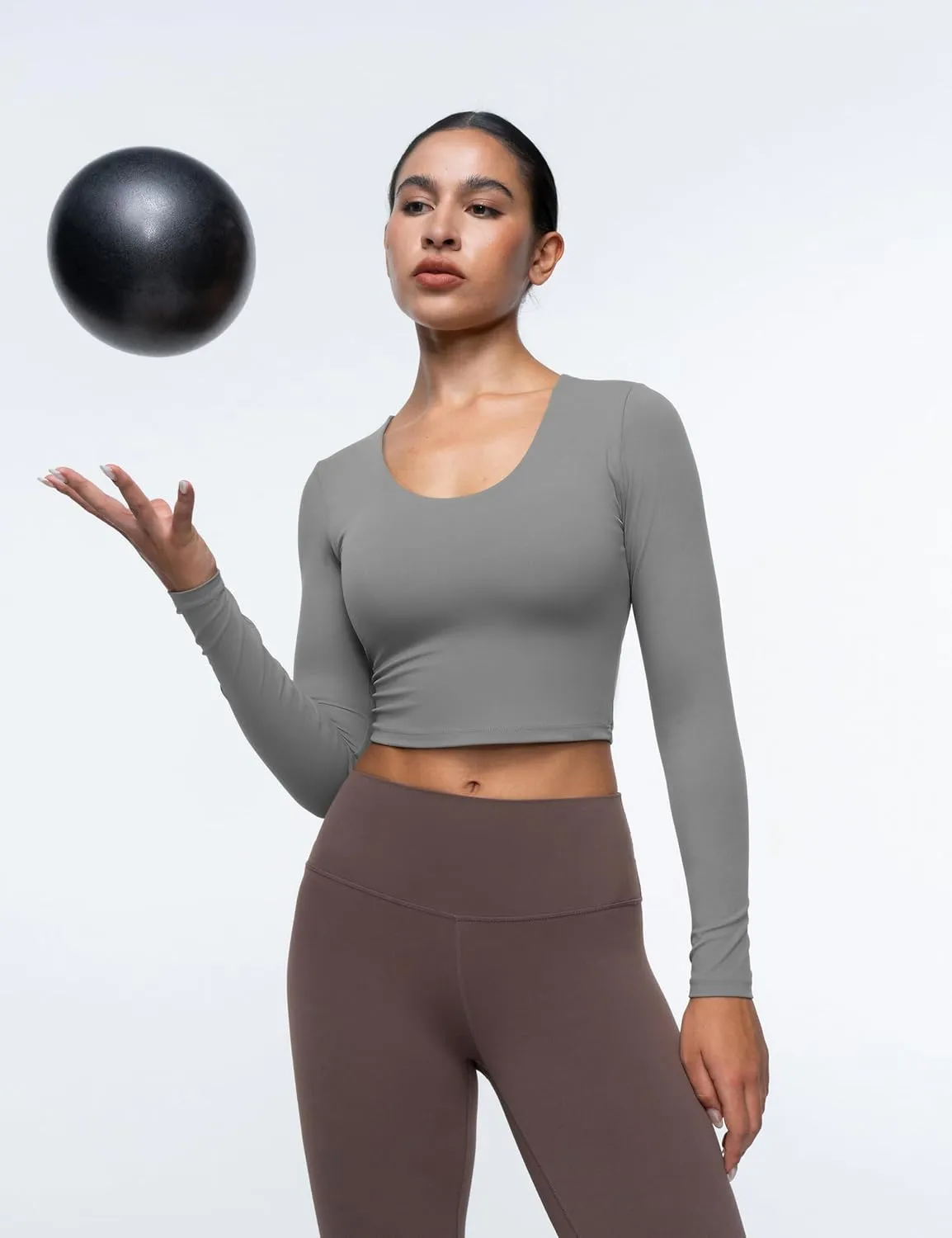 Womens Long Sleeve Shirts Workout Crop Tops Yoga Tee Built in Bra Mild Support Cream Feeling Athletic Top U-Neck
