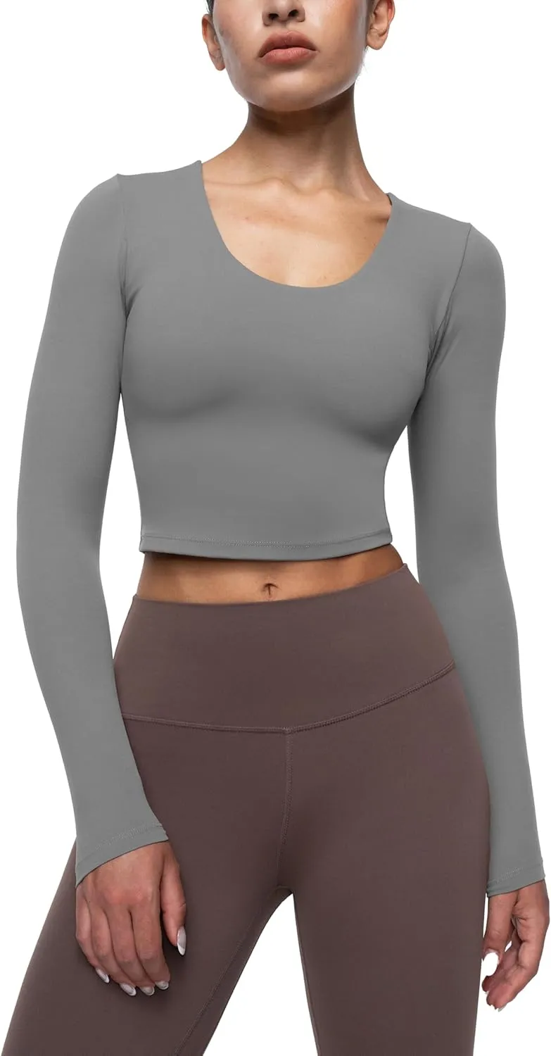 Womens Long Sleeve Shirts Workout Crop Tops Yoga Tee Built in Bra Mild Support Cream Feeling Athletic Top U-Neck
