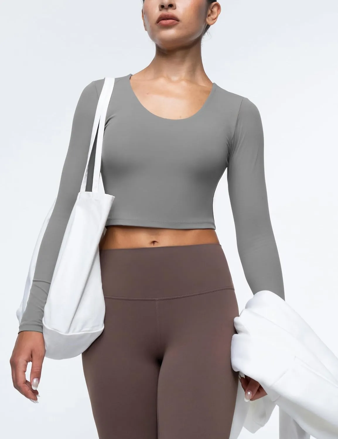 Womens Long Sleeve Shirts Workout Crop Tops Yoga Tee Built in Bra Mild Support Cream Feeling Athletic Top U-Neck