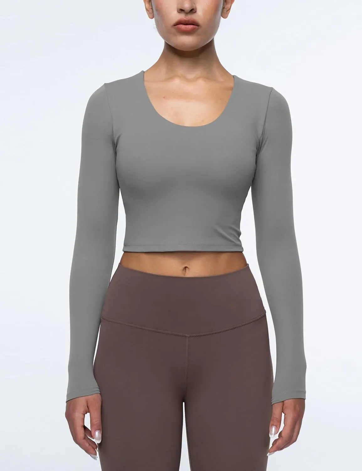 Womens Long Sleeve Shirts Workout Crop Tops Yoga Tee Built in Bra Mild Support Cream Feeling Athletic Top U-Neck