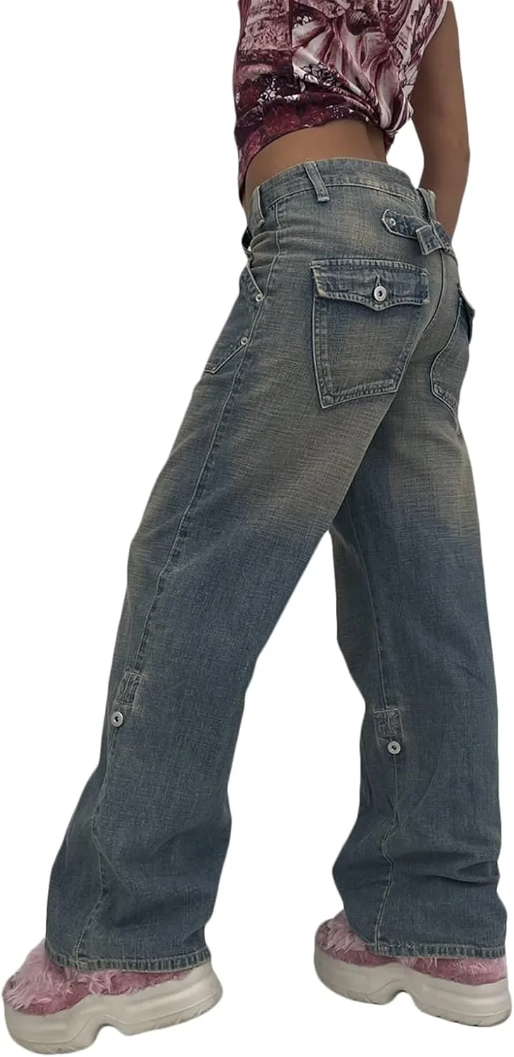 Women's Straight Leg Jeans High Waist Wide-Leg Jeans Side Pocket Vintage Baggy Denim Pants Streetwear