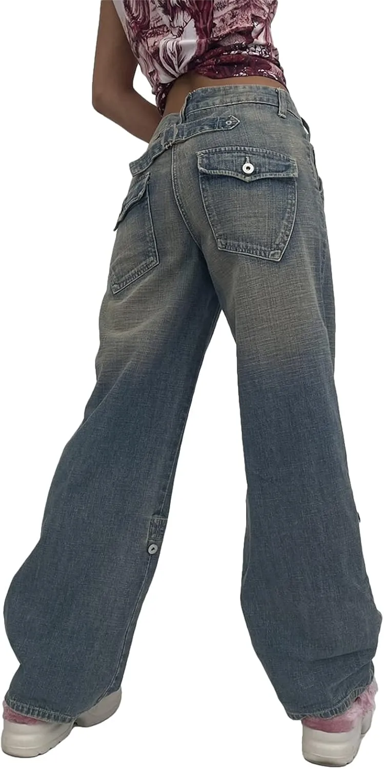 Women's Straight Leg Jeans High Waist Wide-Leg Jeans Side Pocket Vintage Baggy Denim Pants Streetwear