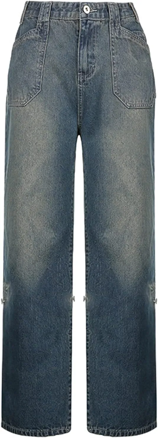 Women's Straight Leg Jeans High Waist Wide-Leg Jeans Side Pocket Vintage Baggy Denim Pants Streetwear