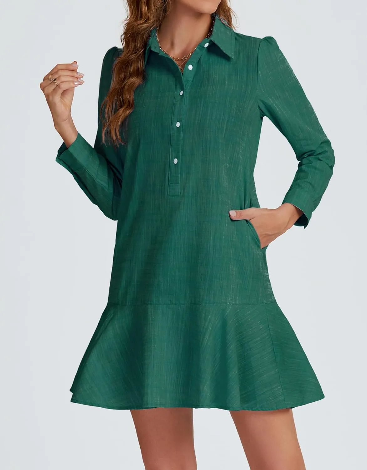 Women's Tunic Mini Shirt Dress Cotton Long Sleeve Ruffle Hem Dress Button Up Shift Chambray Dresses