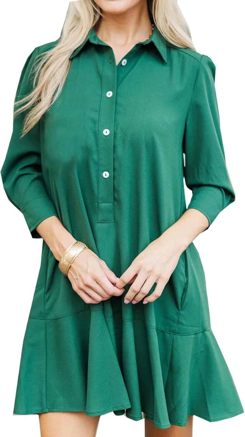 Women's Tunic Mini Shirt Dress Cotton Long Sleeve Ruffle Hem Dress Button Up Shift Chambray Dresses
