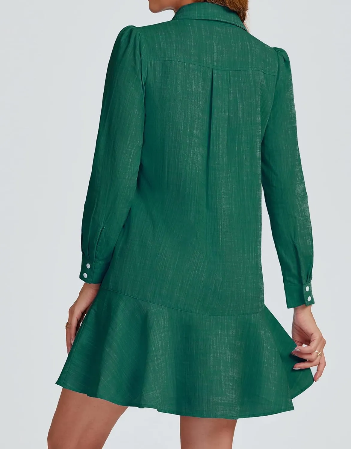 Women's Tunic Mini Shirt Dress Cotton Long Sleeve Ruffle Hem Dress Button Up Shift Chambray Dresses