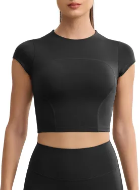 Workout Crop Tops for Women Yoga Short Sleeve Mild Support Slim Fit Cropped Athletic Shirts Gym Tee Built in Bra