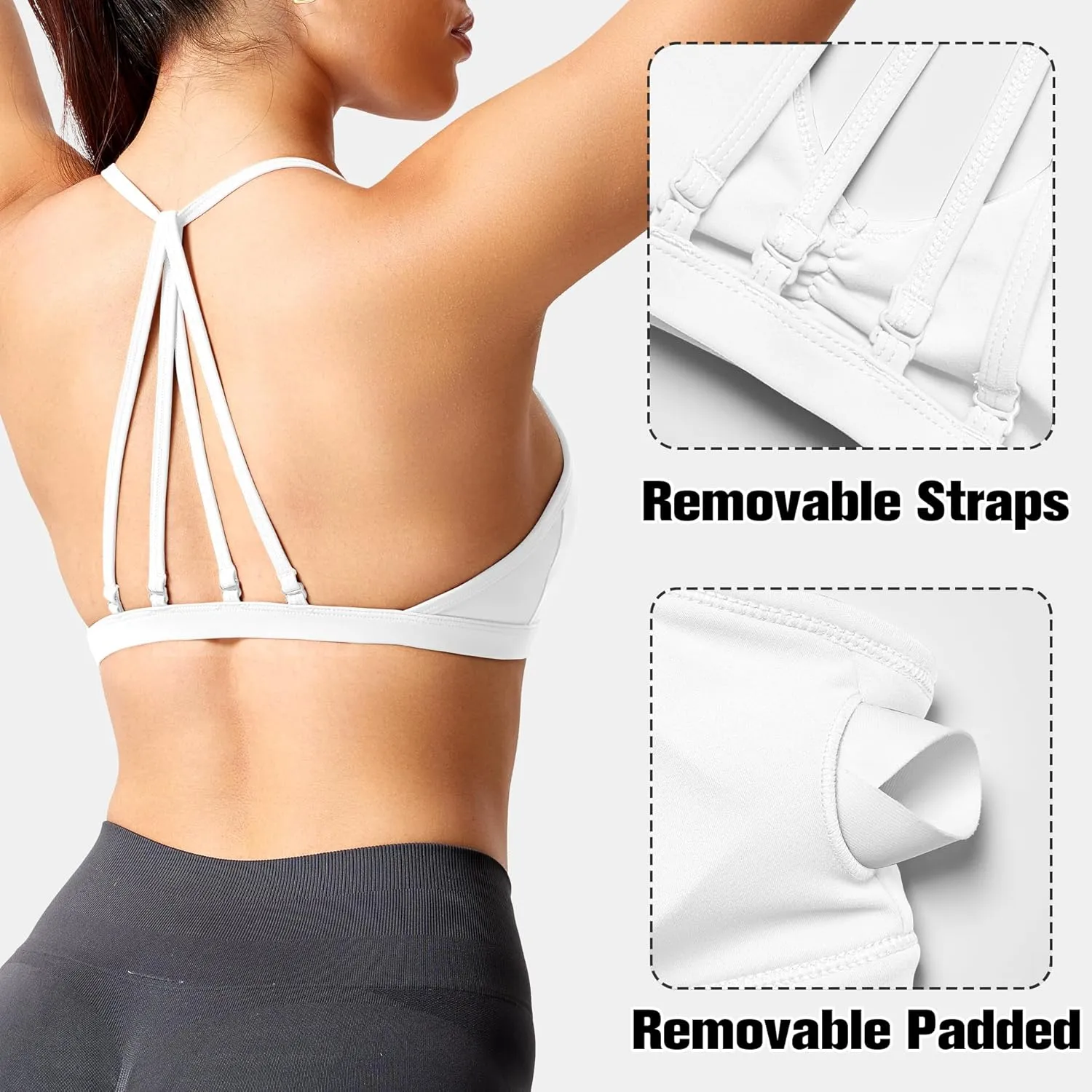 YEOREO Workout Sports Bras for Women Padded Strappy Open Back Gym Bra Light Impact Criss Cross Yoga Crop Top